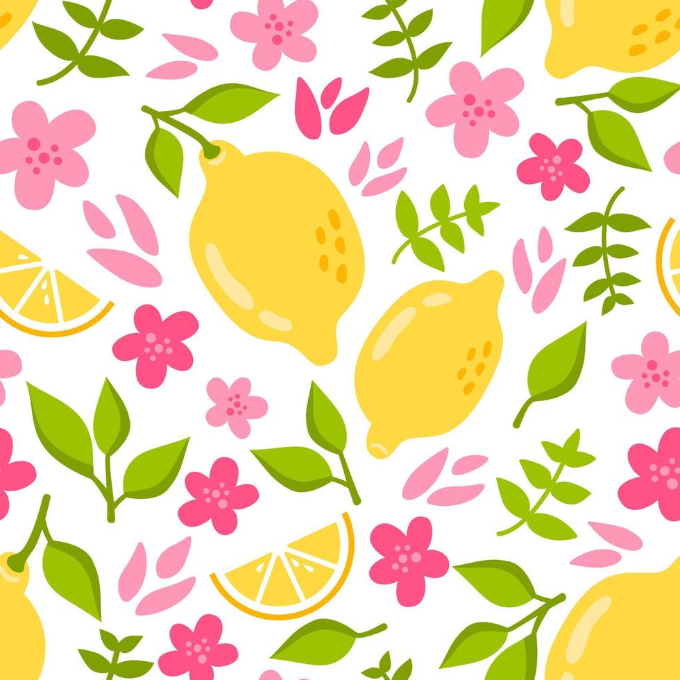 estate senza soluzione di continuità modello con Limone, Limone fetta, rosa fiori e le foglie nel piatto stile. vettore illustrazione