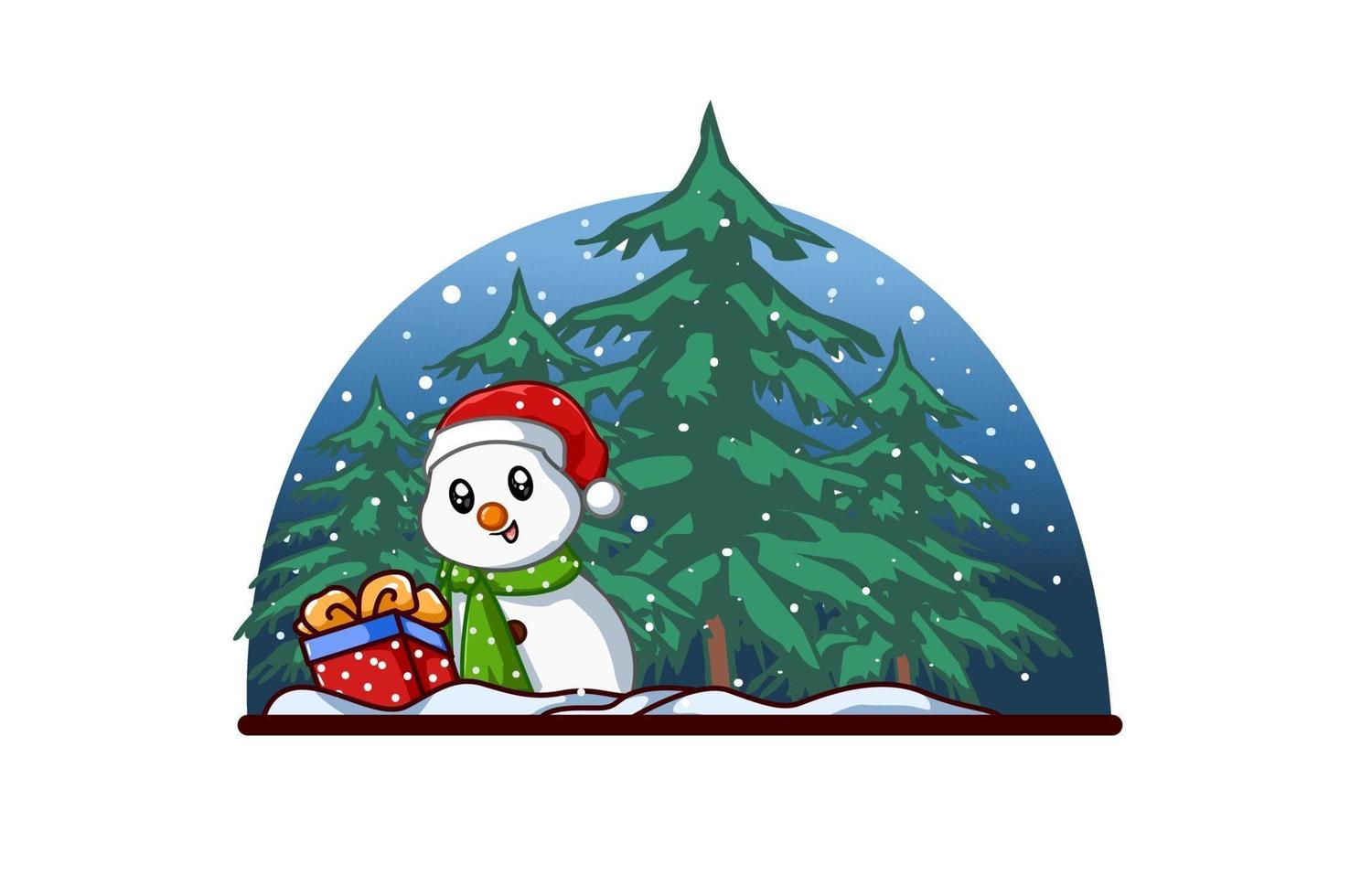 piccolo pupazzo di neve con un regalo di Natale nella foresta di notte vettore
