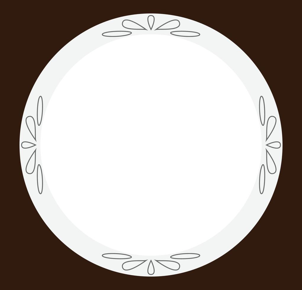 un' semplice piatto, un' porcellana piatto con ornamenti su bordi, cibo piatto illustrazione vettore, piatto con minimalista disegno stile, bianca e grigio e Marrone colori, adatto per ristorante logo e cartello vettore