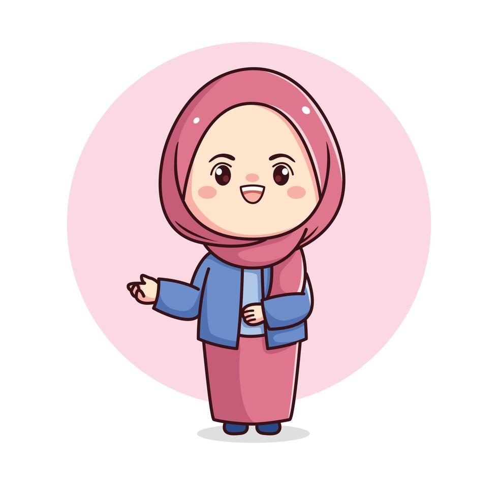 carino hijab ragazza nel benvenuto posa o mostrando qualcosa kawaii chibi vettore