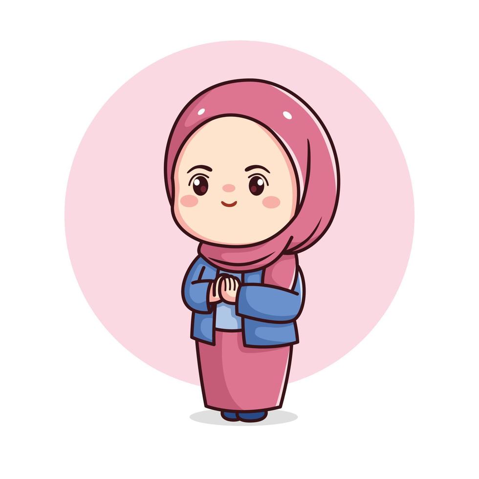 carino hijab ragazza nel spiacente o scusa posa kawaii chibi vettore
