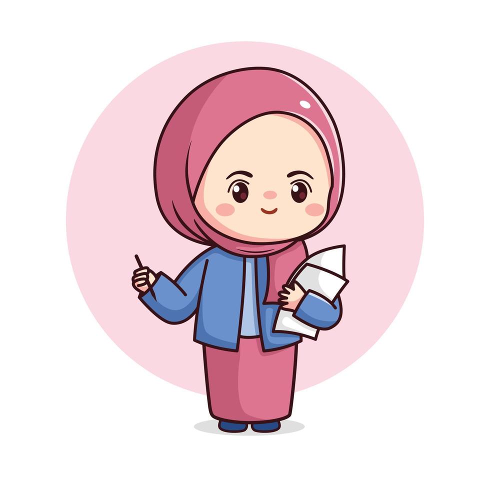 carino hijab ragazza attività commerciale donna con carta e penna kawaii chibi vettore