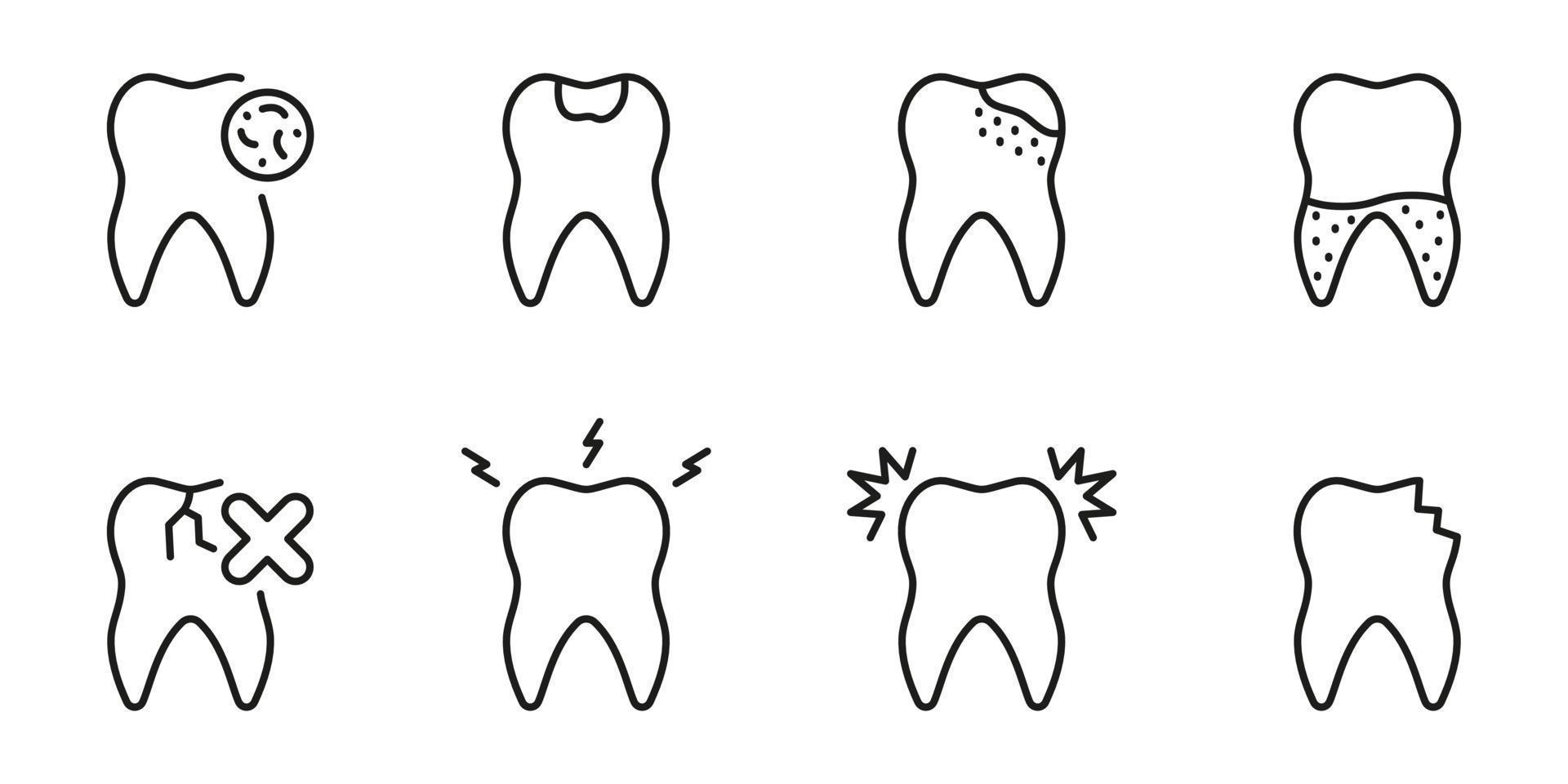 dentale medico i problemi linea icona impostare. Cracked e rotto dente, carie, mal di denti lineare pittogramma. odontoiatria schema simbolo. dentale trattamento cartello. modificabile ictus. isolato vettore illustrazione.