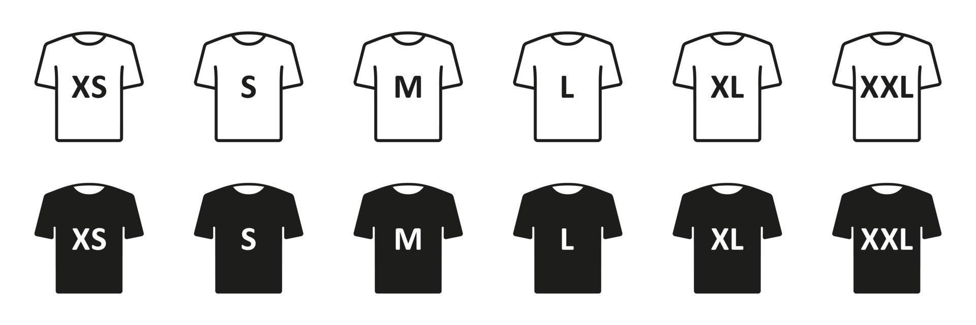 maglietta dimensione nero silhouette e linea icone impostare. umano capi di abbigliamento dimensione etichetta. uomo o donna maglietta dimensione etichetta. isolato vettore illustrazione.