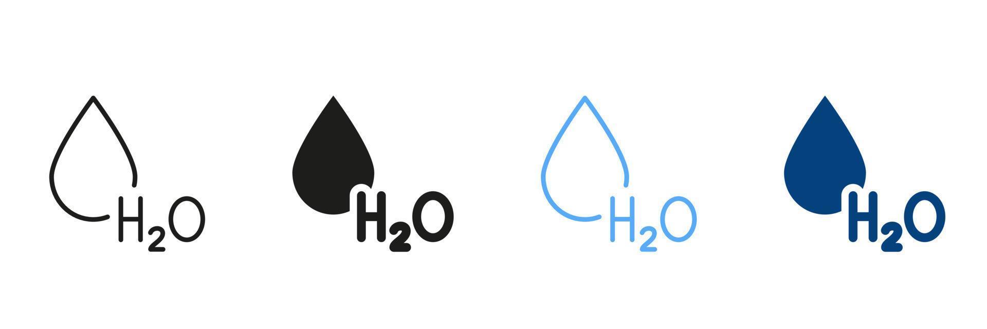 h2o silhouette e linea icona impostare. acqua far cadere nero e colore cartello collezione. chimico formula per acqua. simbolo di fresco acqua simboli. isolato vettore illustrazione.