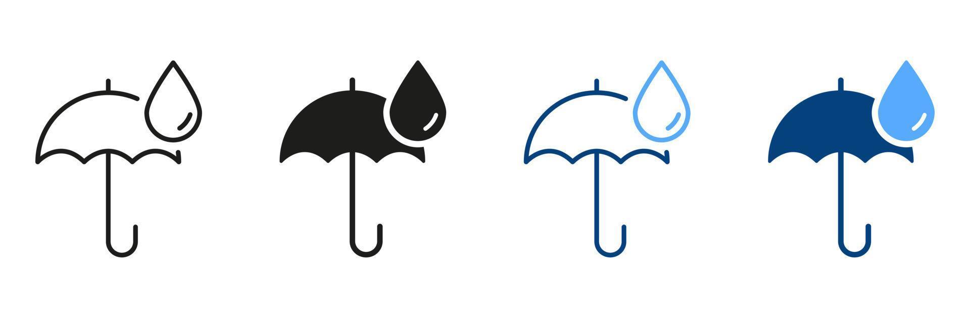 ombrello protettivo a partire dal pioggia silhouette e linea icona impostare. ombrello con far cadere cartello. pioggia concetto nero e colore pittogramma collezione. isolato vettore illustrazione.