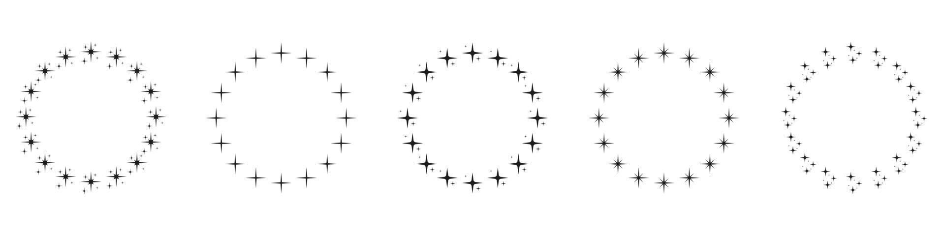 stelle nel cerchio forma silhouette icona impostare. circolare arredamento ornamento icona su bianca sfondo. moderno il giro premio telaio con nero stelle pittogramma. isolato vettore illustrazione.