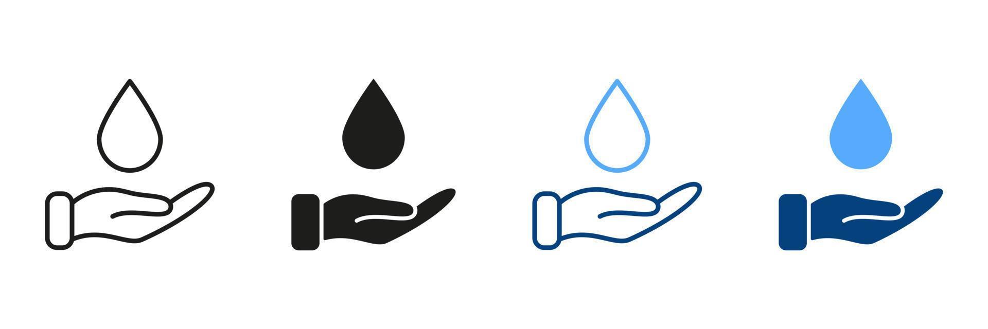 acqua far cadere con mano silhouette e linea icona impostare. beneficenza, cura, Salva ecologia, volontariato, donare simbolo collezione. Salva acqua e Aiuto per povero e senza casa icona. isolato vettore illustrazione.