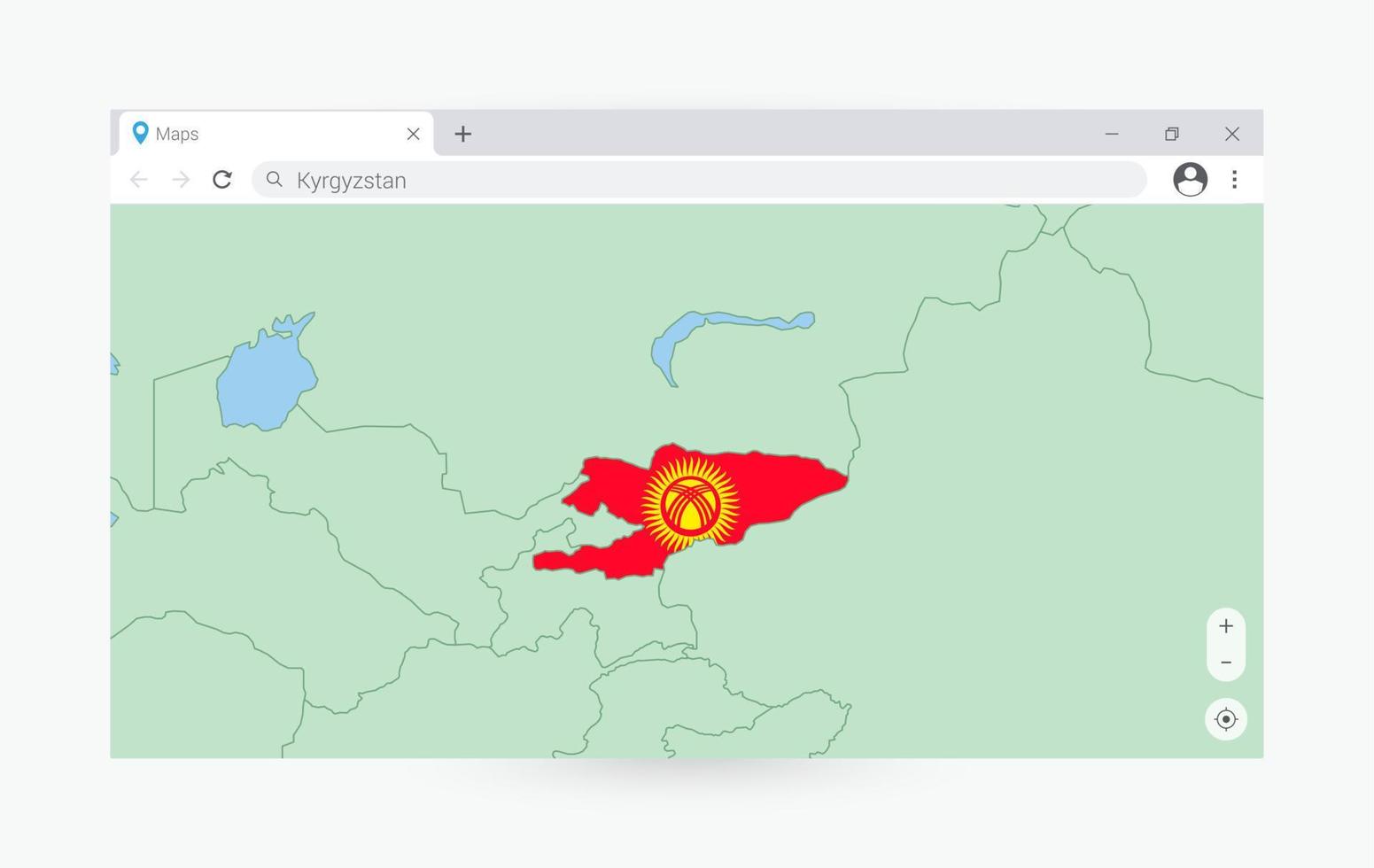 del browser finestra con carta geografica di Kirghizistan, ricerca Kyrgyzstan nel Internet. vettore