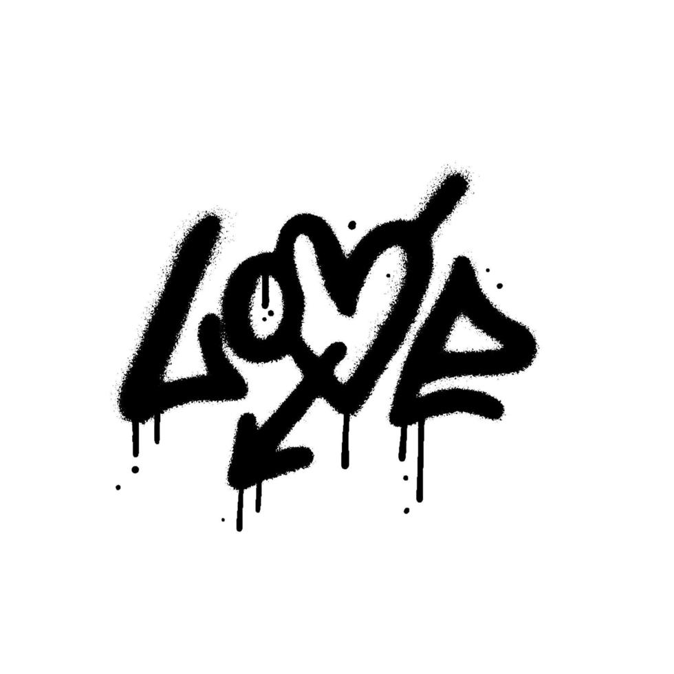 spruzzato parola amore nel urbano graffiti stile con overspray nel nero al di sopra di bianca. vettore strutturato tipografia illustrazione con cuore forma e freccia.