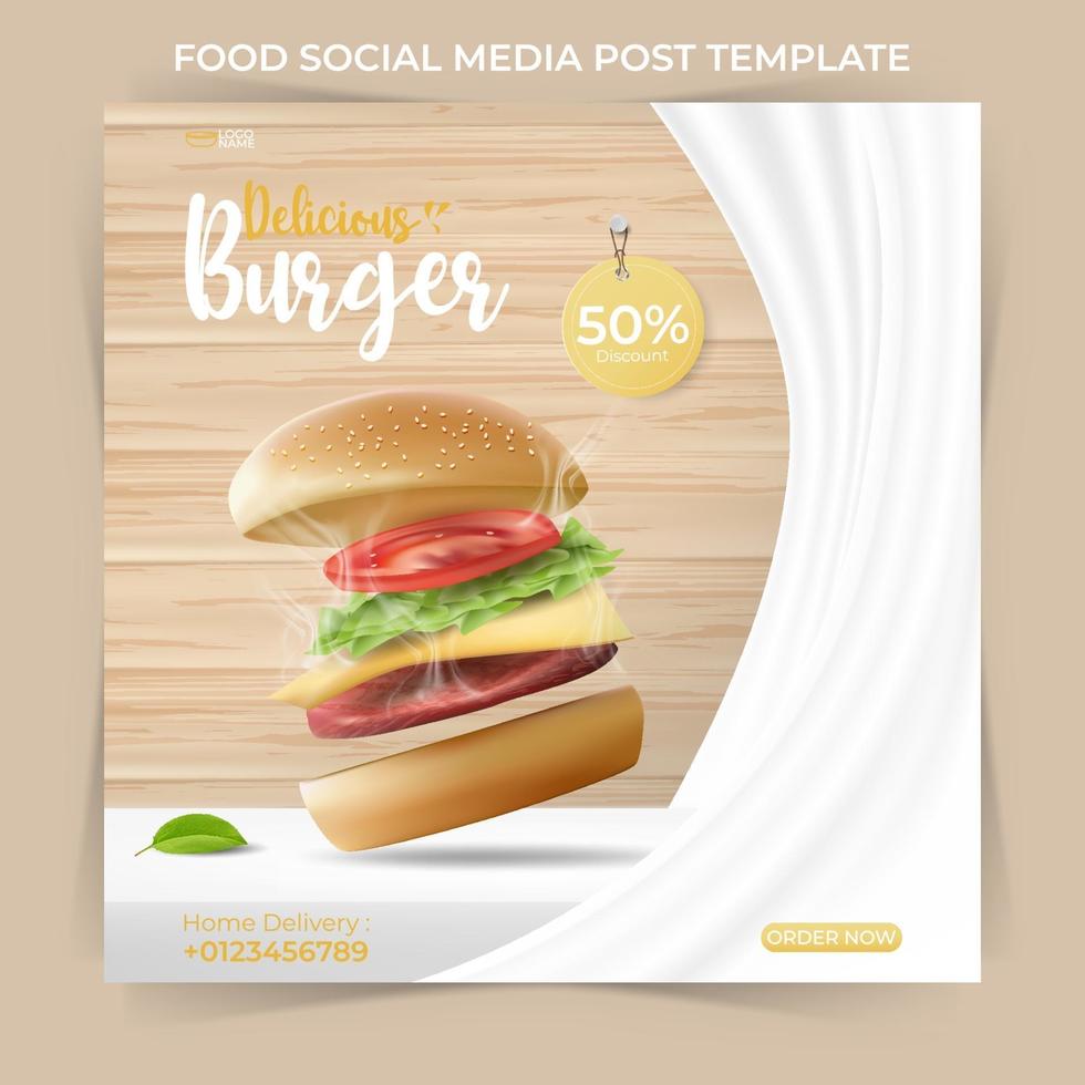 modello di banner quadrato minimo modificabile. post sui social media alimentari o culinari e annunci web Internet. illustrazione vettoriale con hamburger realistico