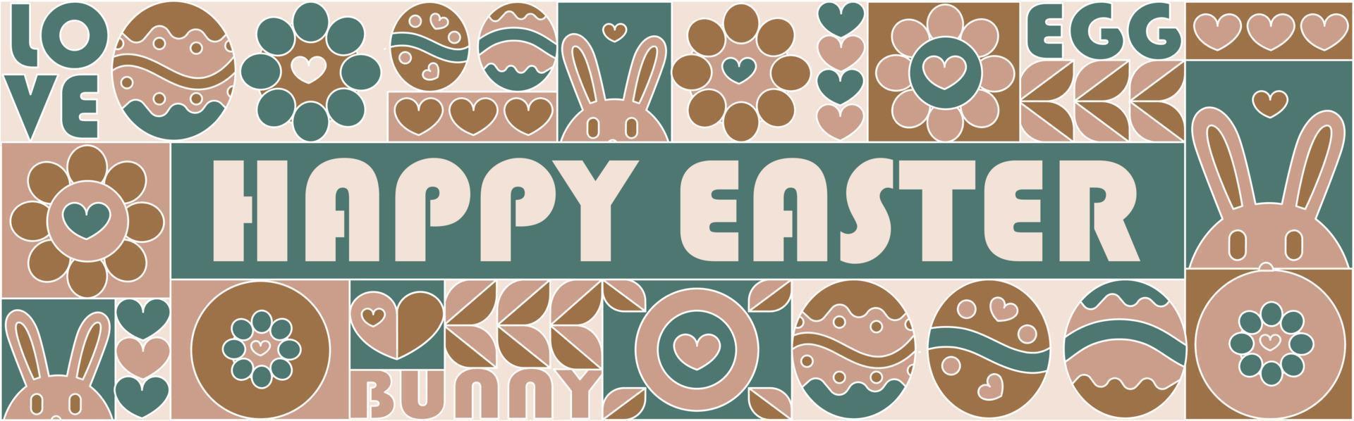 saluto carte per contento Pasqua nel il moderno geometrico stile di il anni '70. di moda bandiera con coniglietti, decorato uova e fiori. vettore illustrazione.