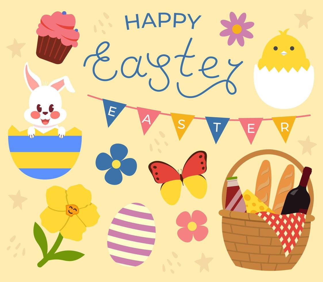 collezione di Pasqua decorazione. scritte, cestino, coniglio, pollo piatto stile vettore illustrazione