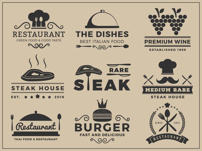 Logo insegne design per ristorante, steak house, vino, hamburger, vettore