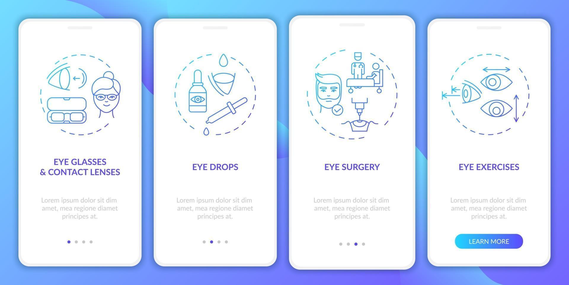 metodi di trattamento delle malattie degli occhi sulla schermata della pagina dell'app mobile con concetti vettore