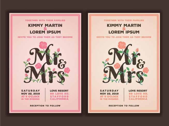 Titolo di Mr e Mrs con modello di inviti di nozze di fiori. pesca vettore