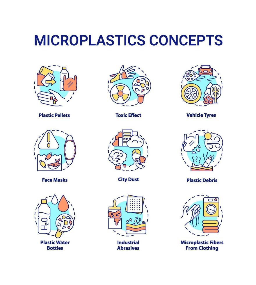 set di icone di concetto di microplastiche vettore