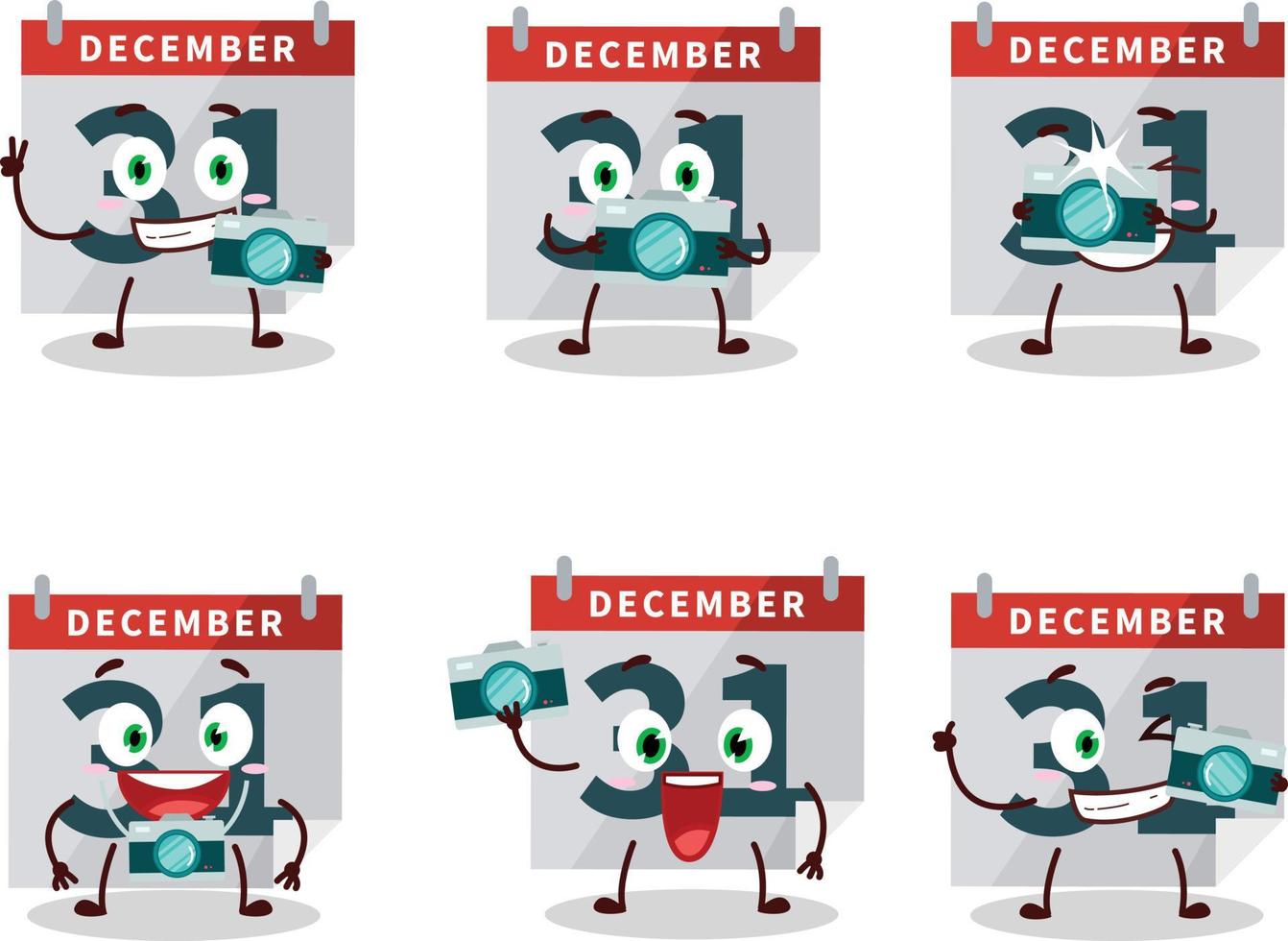 fotografo professione emoticon con dicembre 31 calendario cartone animato personaggio vettore