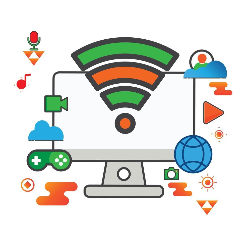 illustrazione wireless. illustrazione del computer. icona di vettore piatto. può utilizzare per, elemento di design dell'icona, interfaccia utente, web, app mobile.