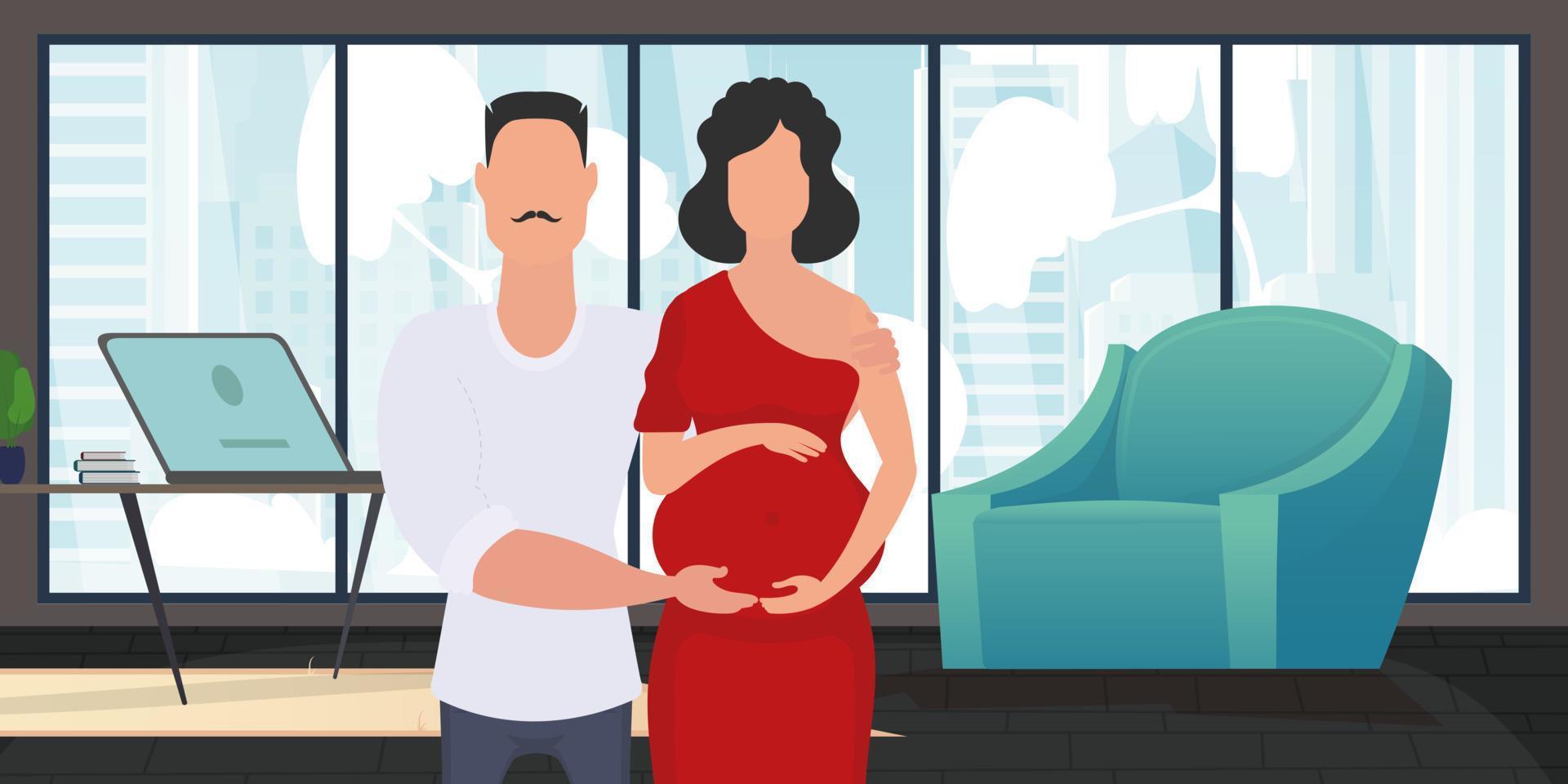 uomo e incinta donna. manifesto su il tema giovane famiglia è in attesa per il nascita di un' bambino. positivo e consapevole gravidanza. vettore illustrazione nel un' piatto stile.