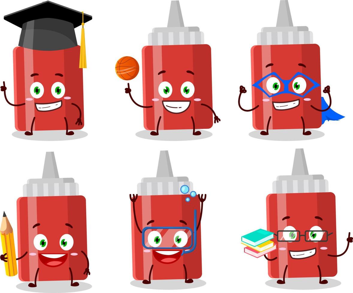 scuola alunno di salsa bottiglia cartone animato personaggio con vario espressioni vettore
