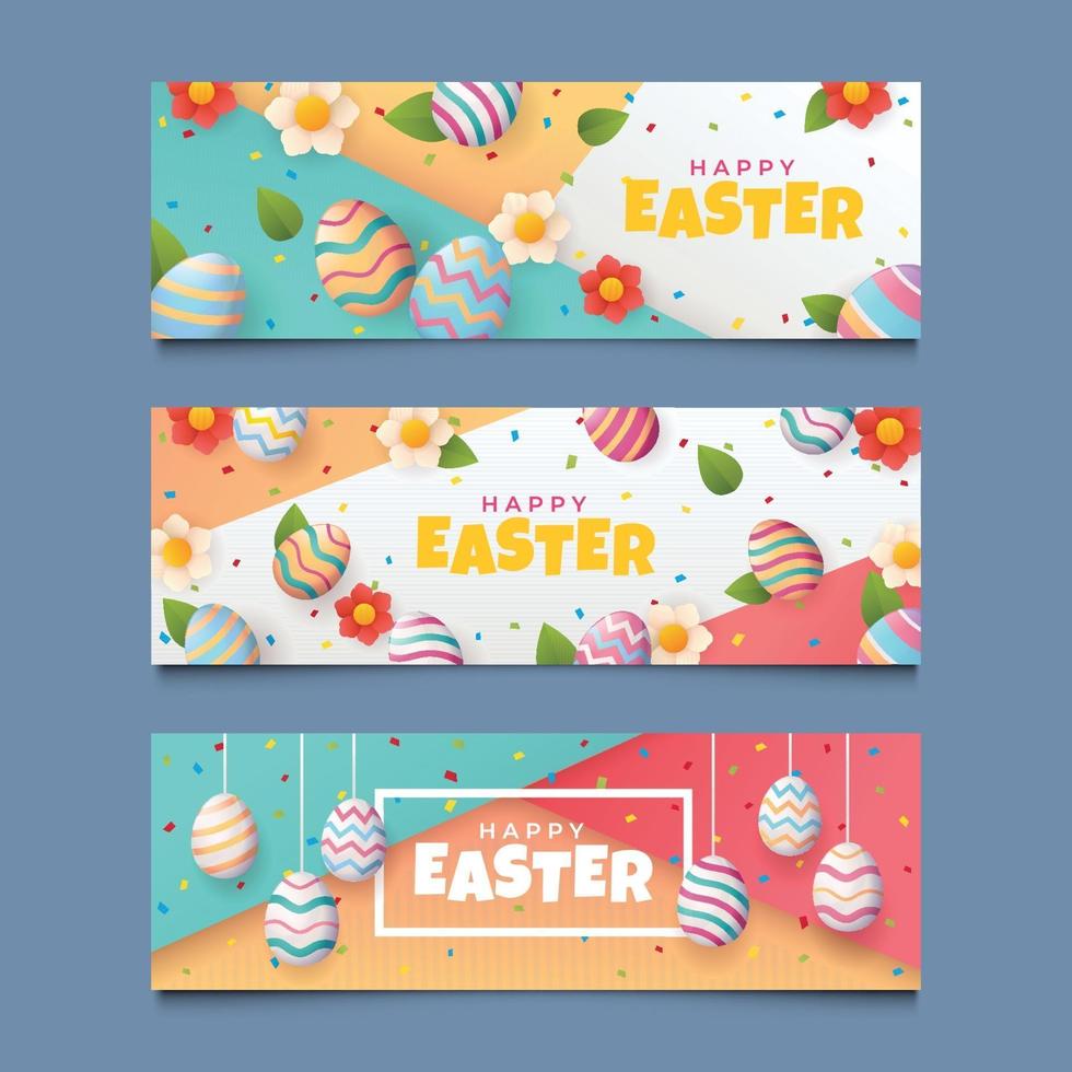 set di banner di Pasqua con uova colorate e fiori vettore