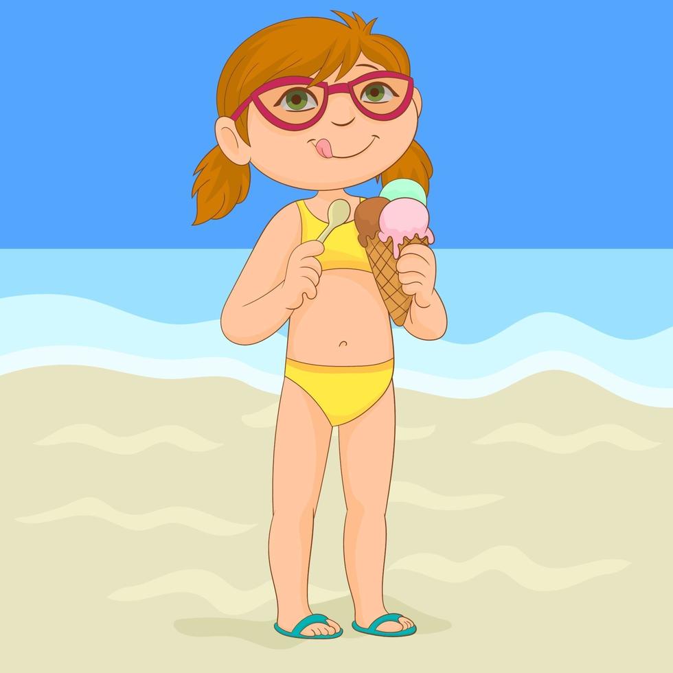 bambina sulla spiaggia gustando un delizioso gelato vettore