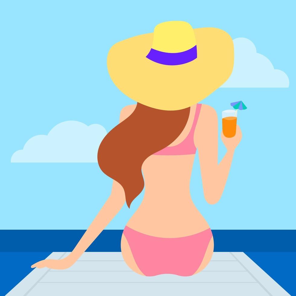 turistico con cocktail sulla spiaggia vettore