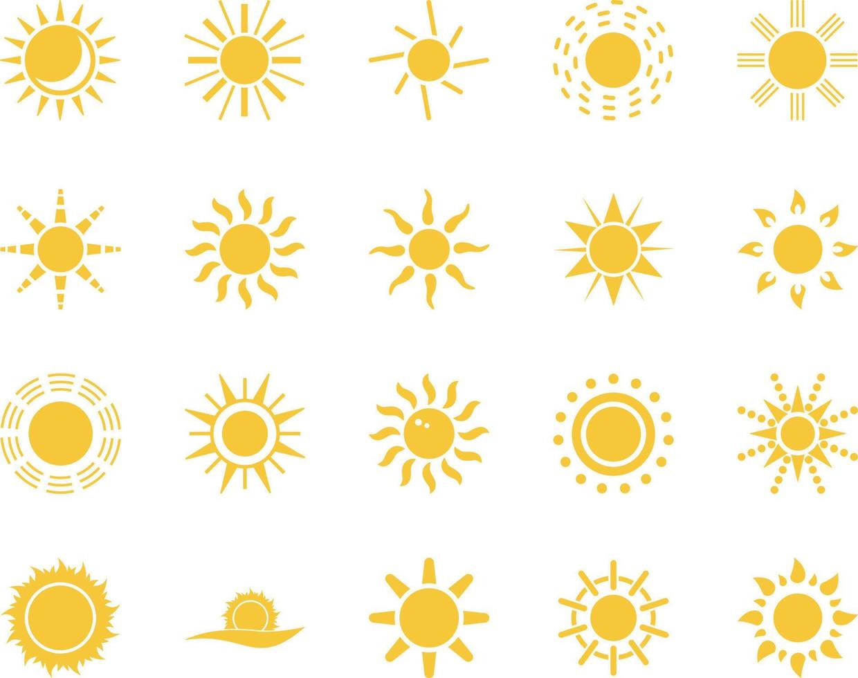 sole. estate tempo icona impostare. impostato di giallo icone di il sole, isolato su bianca sfondo . vettore