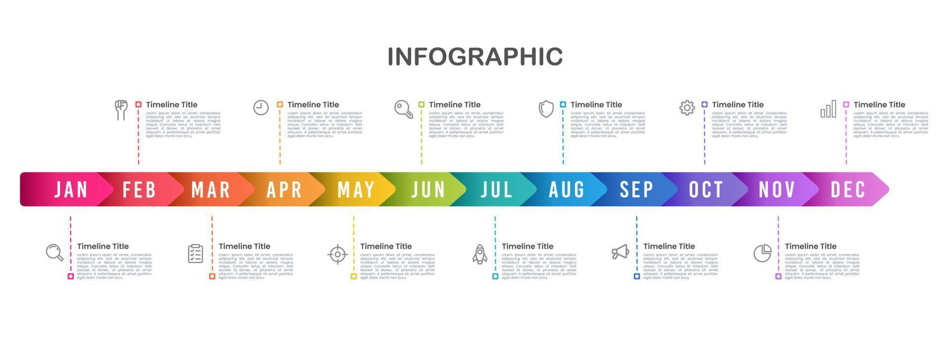 Infografica frecce modello per attività commerciale. 12 mesi sequenza temporale per successo. presentazione, tabella di marcia, pietra miliare. vettore illustrazione.