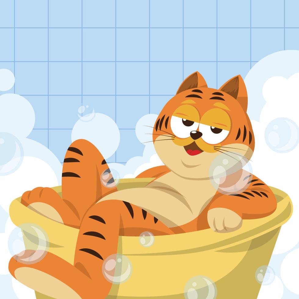 il arancia Grasso gatto freddo nel il bagno sfondo vettore