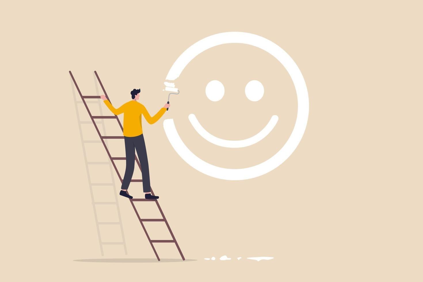 felicità e pensiero positivo, ottimismo o motivazione a vivere il concetto di vita felice, ragazzo felice salire la scala per dipingere la faccia del sorriso sul muro. vettore