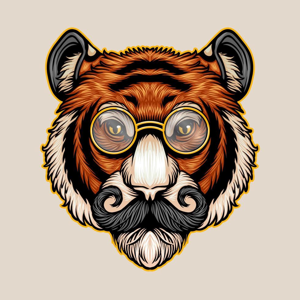 saggio nerd tigre testa grafico illustrazione con bicchieri vettore