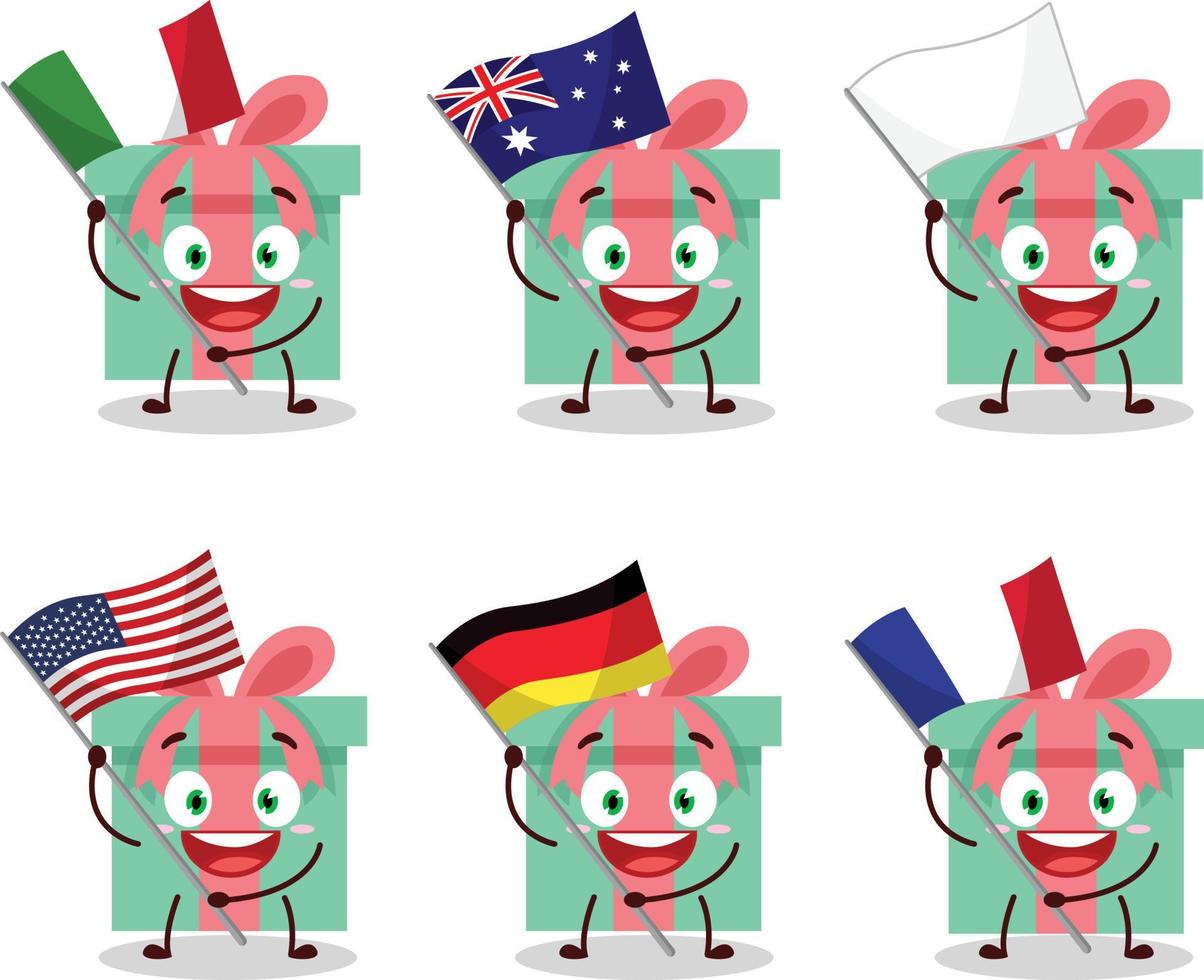 regalo cartone animato personaggio portare il bandiere di vario paesi vettore