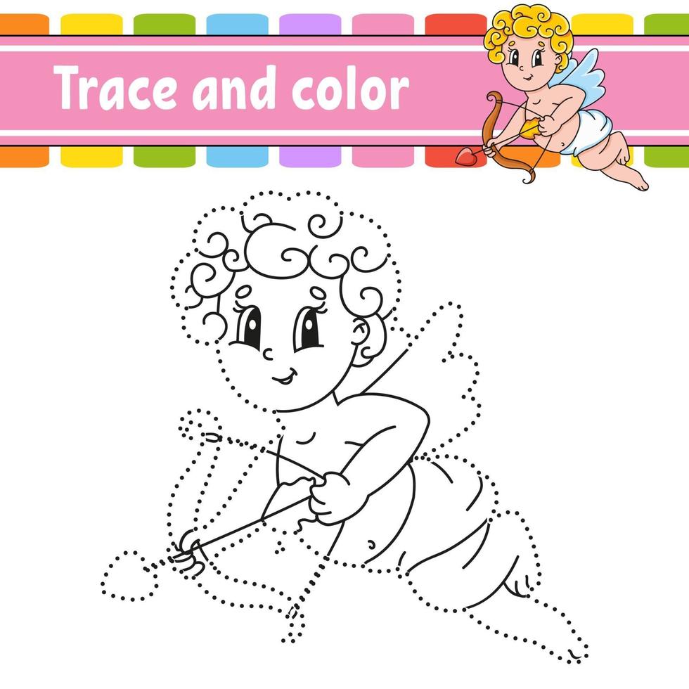 traccia e colora l'angelo. pagina da colorare per bambini. pratica della scrittura a mano. foglio di lavoro per lo sviluppo dell'istruzione. pagina delle attività. gioco per i più piccoli. illustrazione vettoriale isolato. stile cartone animato.