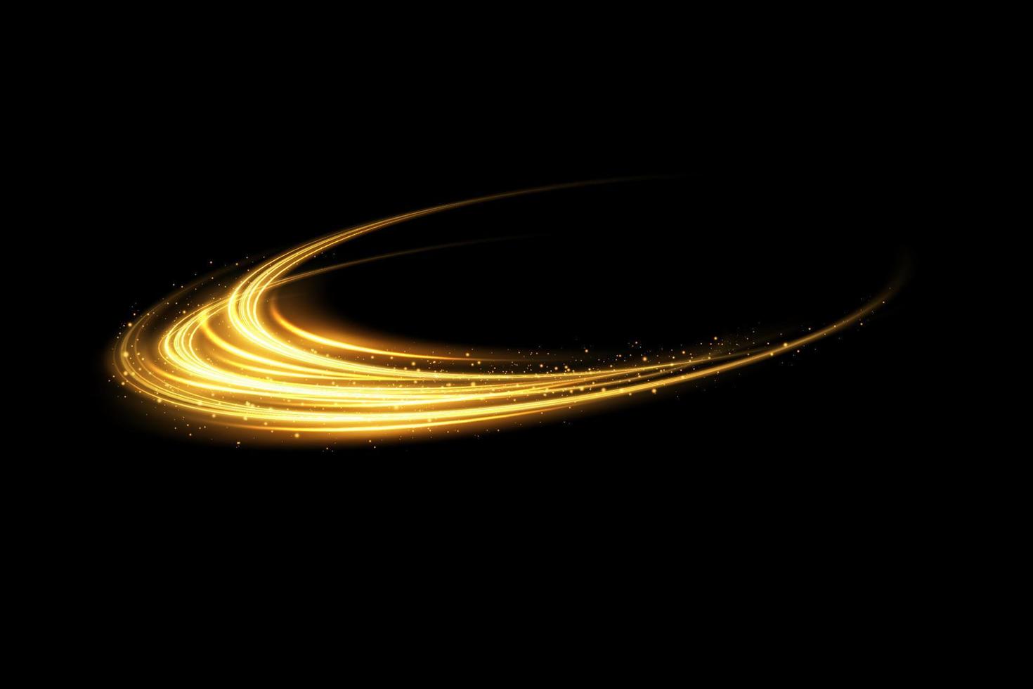 Magia d'oro scintille su un' buio sfondo. mistico velocità strisce, luccichio effetto. brillare di cosmico raggi. neon Linee di velocità e veloce vento. splendore effetto, potente energia. vettore