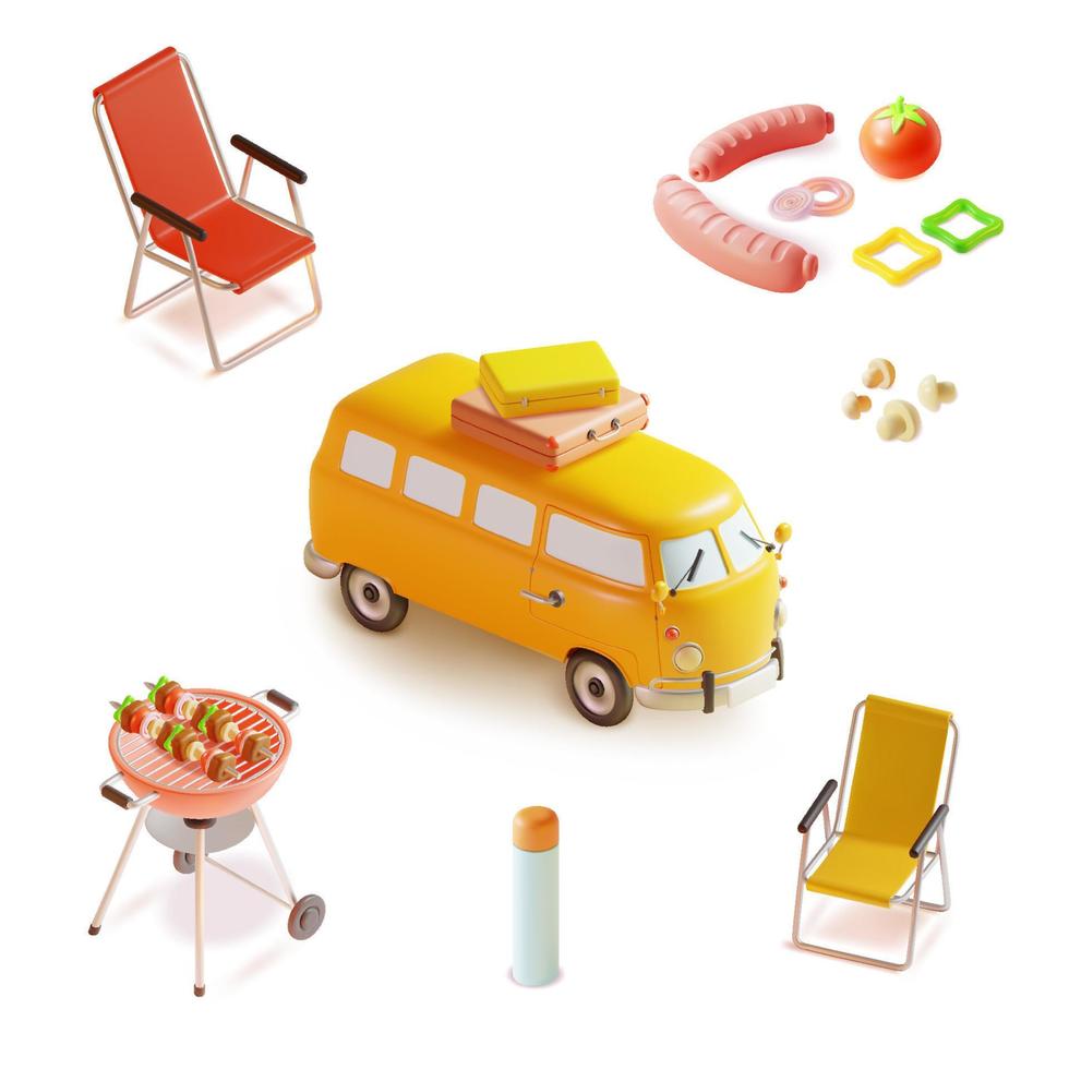 3d bbq festa concetto plastilina cartone animato stile includere di viaggio furgone, pieghevole campeggio sedia e cibo. vettore illustrazione