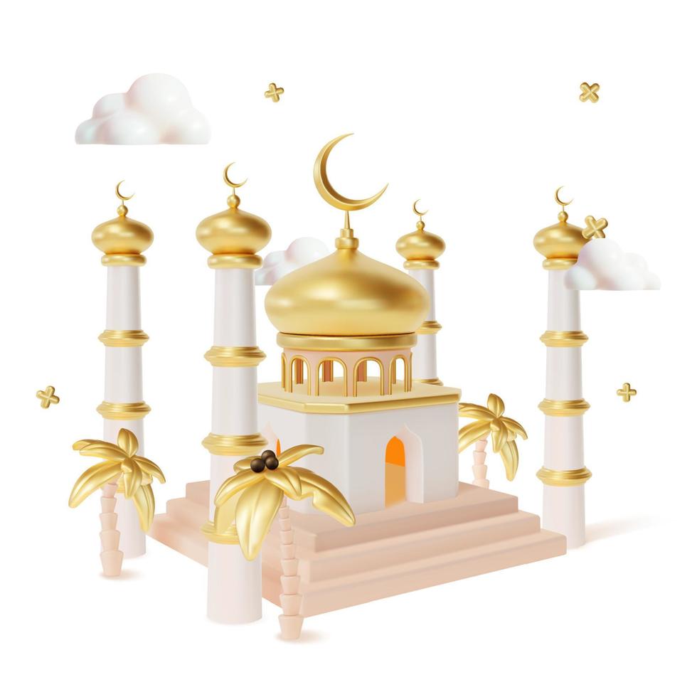 3d Ramadan kareem concetto con metallo mezzaluna Luna e islamico moschea plastilina cartone animato stile. vettore