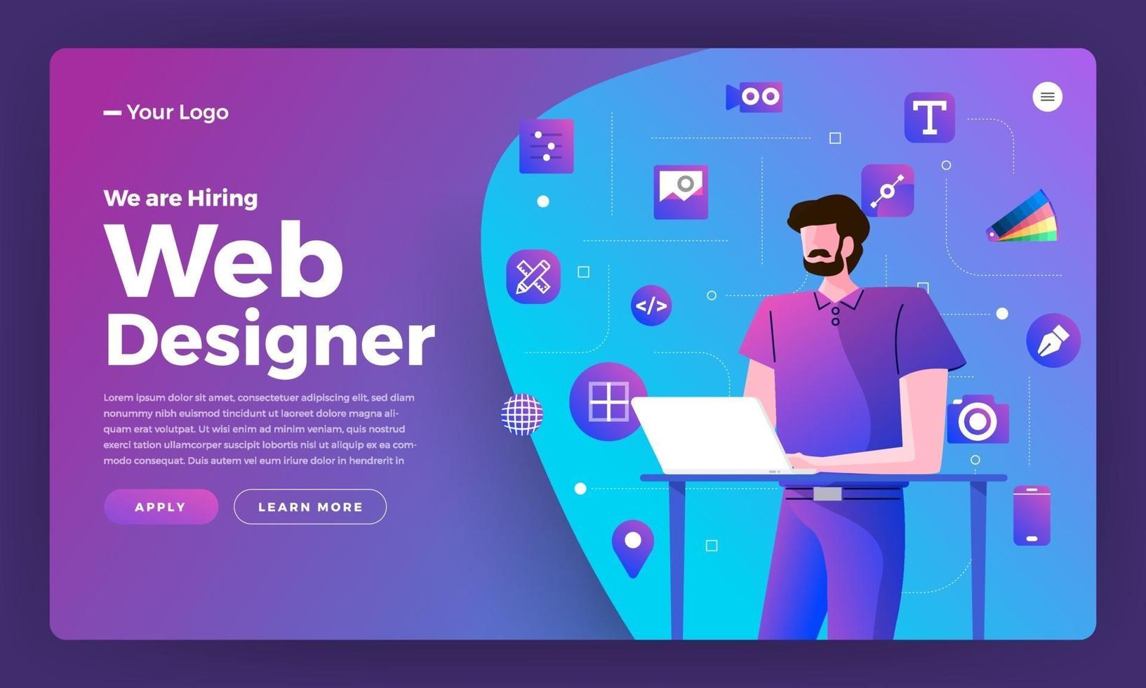 pagina di destinazione per l'annuncio dell'assunzione di web designer vettore