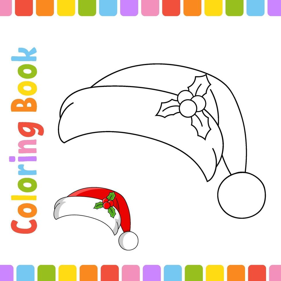 libro da colorare per bambini cappello. tema invernale. carattere allegro. illustrazione vettoriale. stile cartone animato carino. pagina fantasy per bambini. sagoma contorno nero. isolato su sfondo bianco. vettore