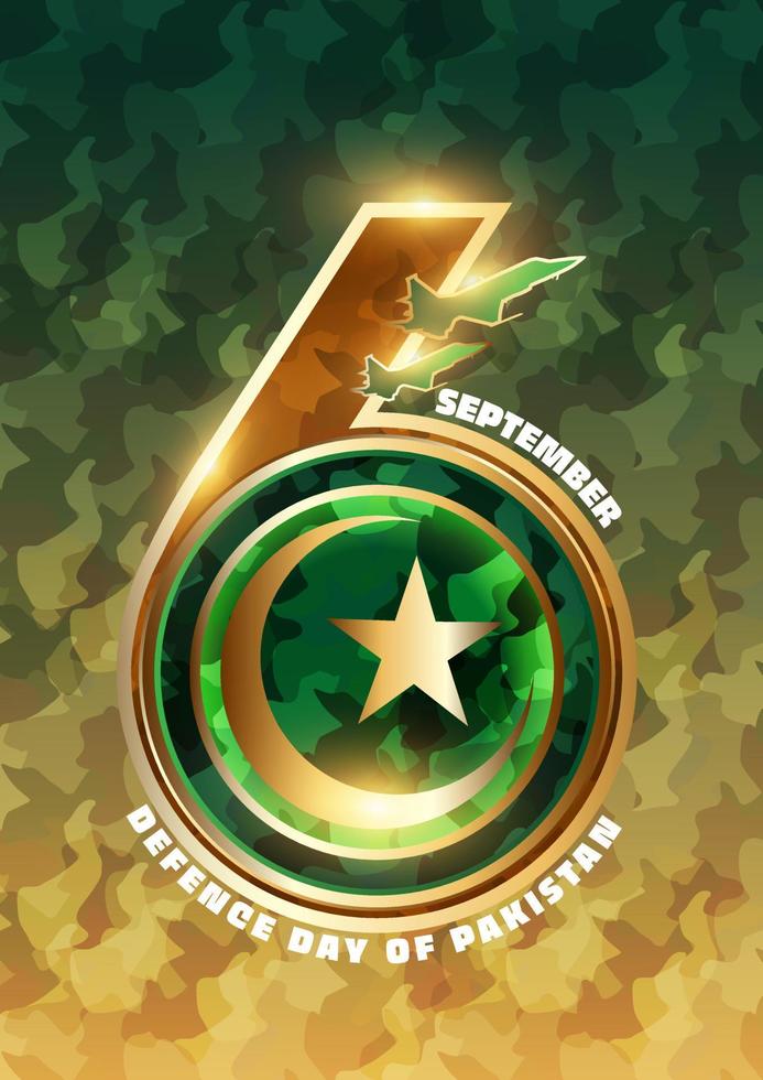 6 ° settembre. contento difesa giorno. urdu calligrafia con numero 6 e Pakistan aria vigore aereo su verde sfondo vettore