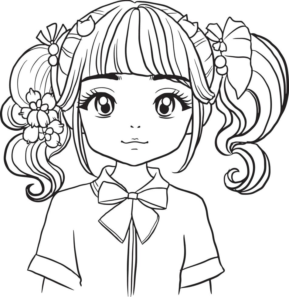 ragazza profilo avatar alunno cartone animato scarabocchio kawaii anime colorazione pagina carino illustrazione disegno personaggio chibi manga comico vettore