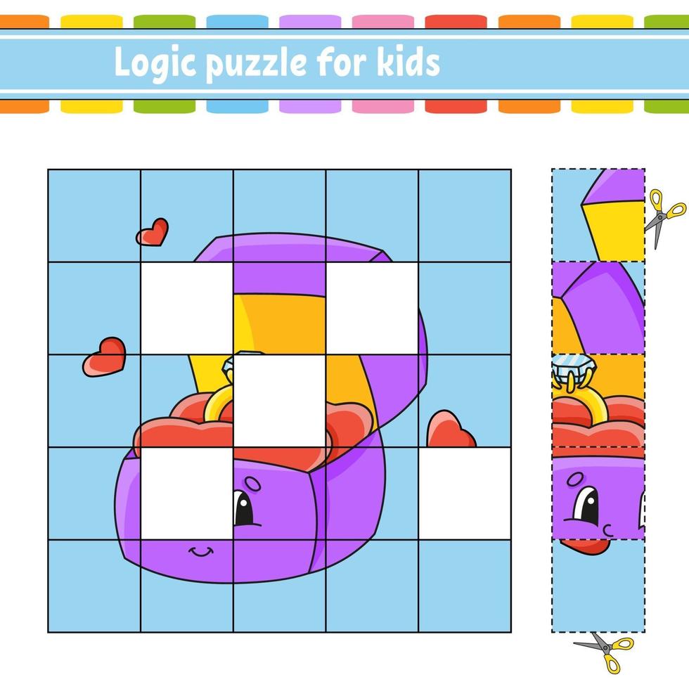 puzzle di logica per bambini con scatola ad anello. foglio di lavoro per lo sviluppo dell'istruzione. gioco di apprendimento per bambini. pagina delle attività. semplice illustrazione vettoriale isolato piatto in stile cartone animato carino.