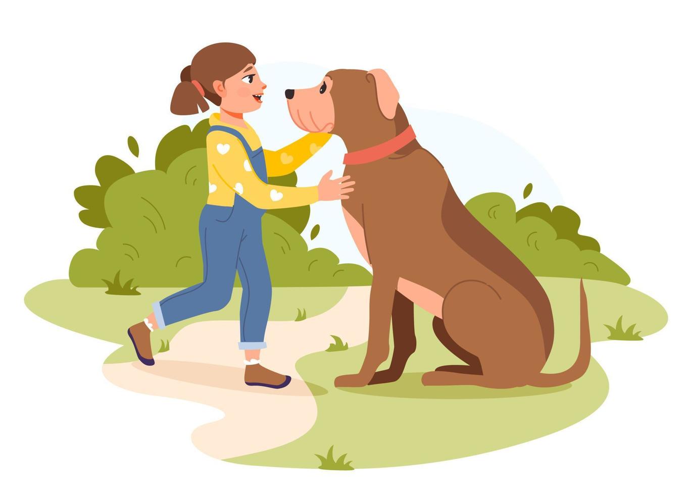 un' poco ragazza è giocando con un' cane nel il parco. animale domestico proprietario. piatto vettore illustrazione.
