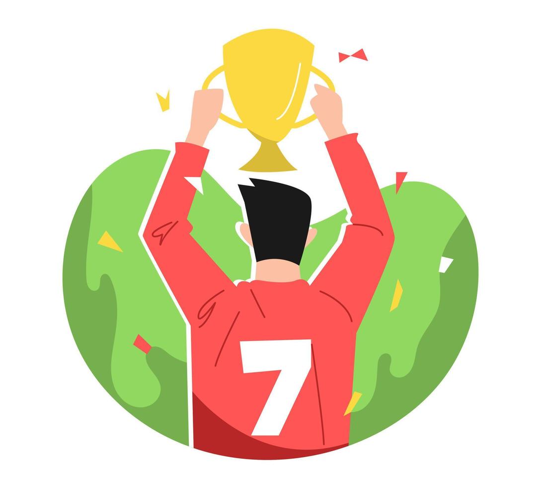 calcio atleta ascensori campionato trofeo. calcio giocatore numero 7. posteriore Visualizza. piatto vettore illustrazione.