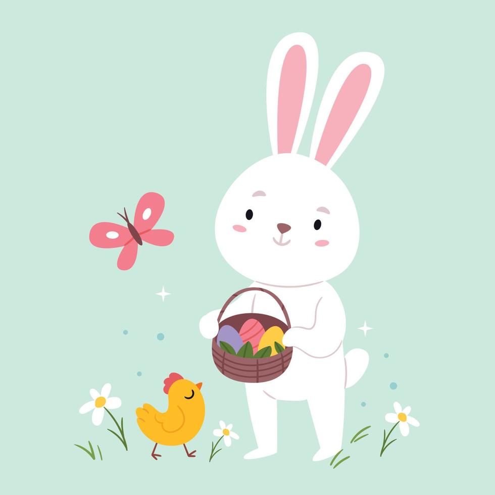 Pasqua coniglietto Tenere un' cestino di uova.easter card.cute primavera illustrazione.easter coniglietto Tenere un' cestino di uova.easter card.cute primavera illustrazione. vettore