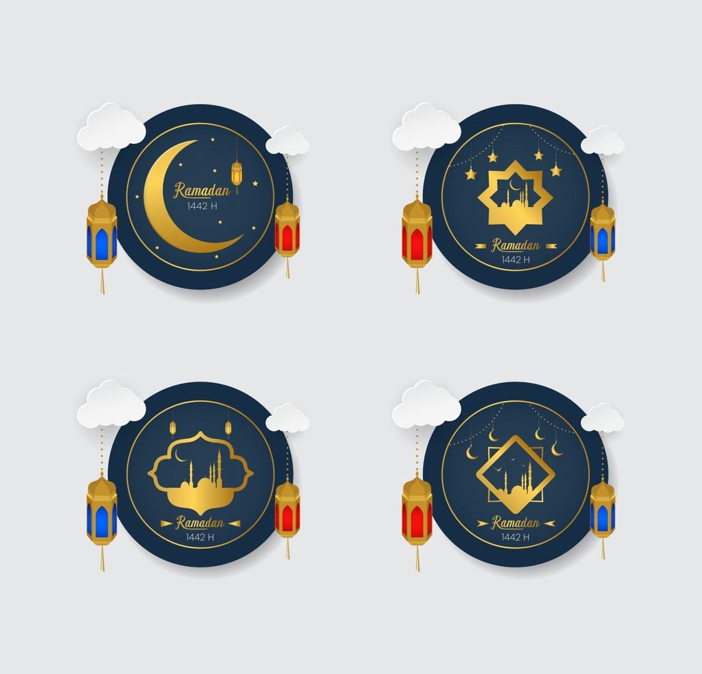 distintivi in oro ramadan con set di ornamenti vettore