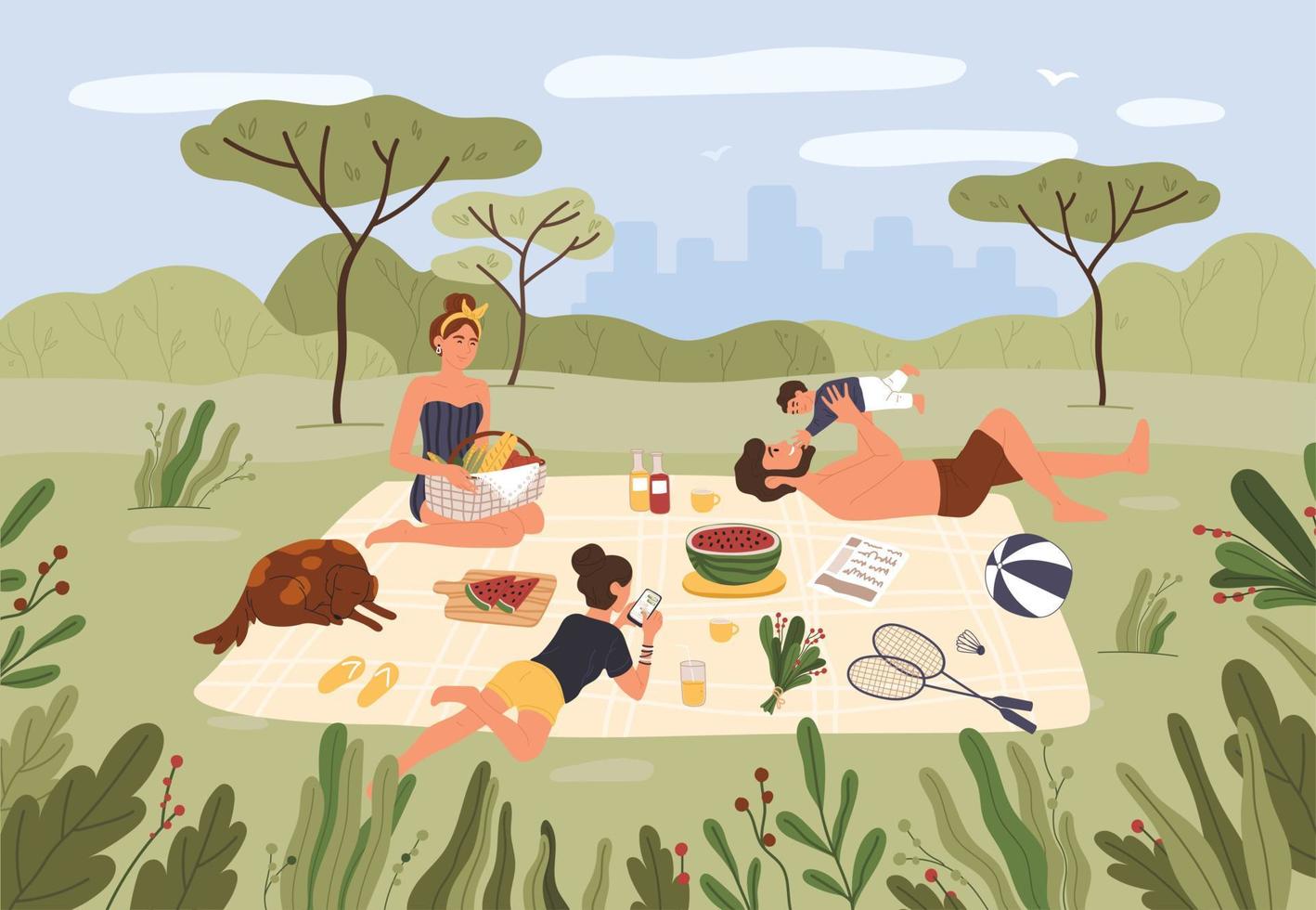 famiglia picnic. contento genitori e bambini la spesa tempo insieme e rilassante a città parco. estate all'aperto famiglia attività vettore illustrazione