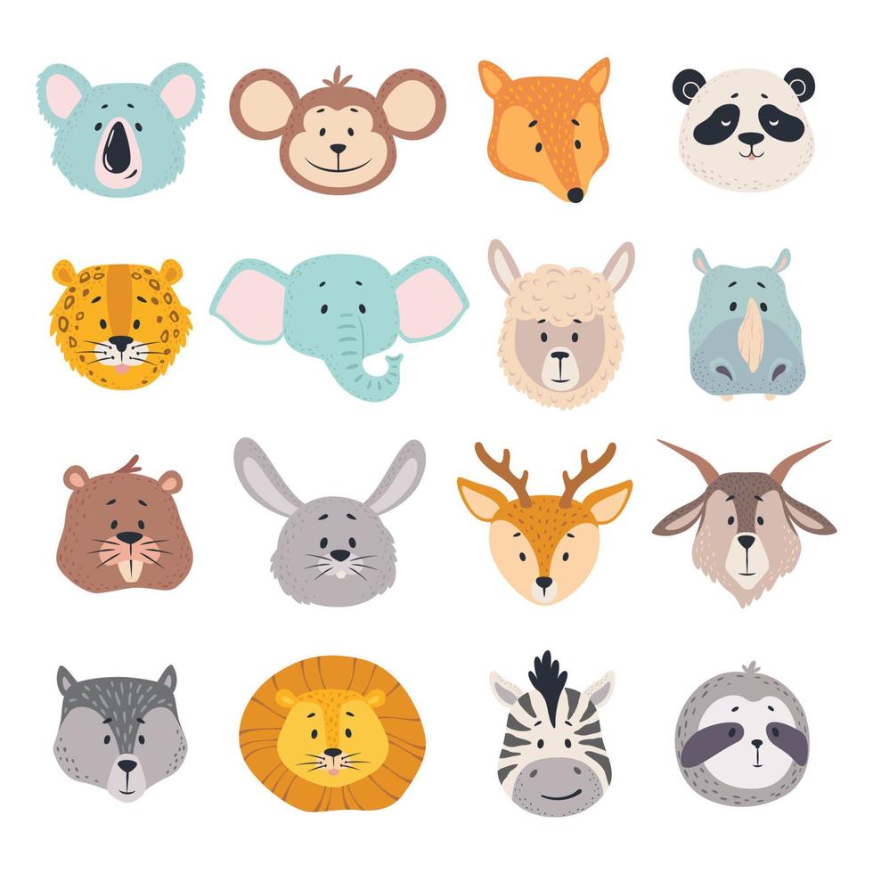 animale teste. cartone animato facce di koala, scimmia e Volpe, zebra. carino panda, cervo e Leone, cervo e coniglio, giaguaro vettore zoo avatar