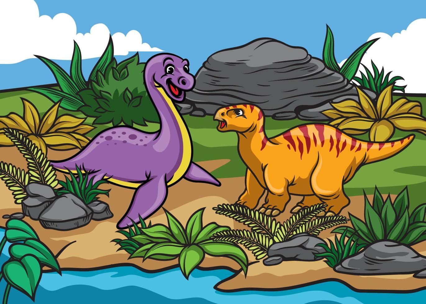 contento dinosauri cartone animato nel il natura vettore
